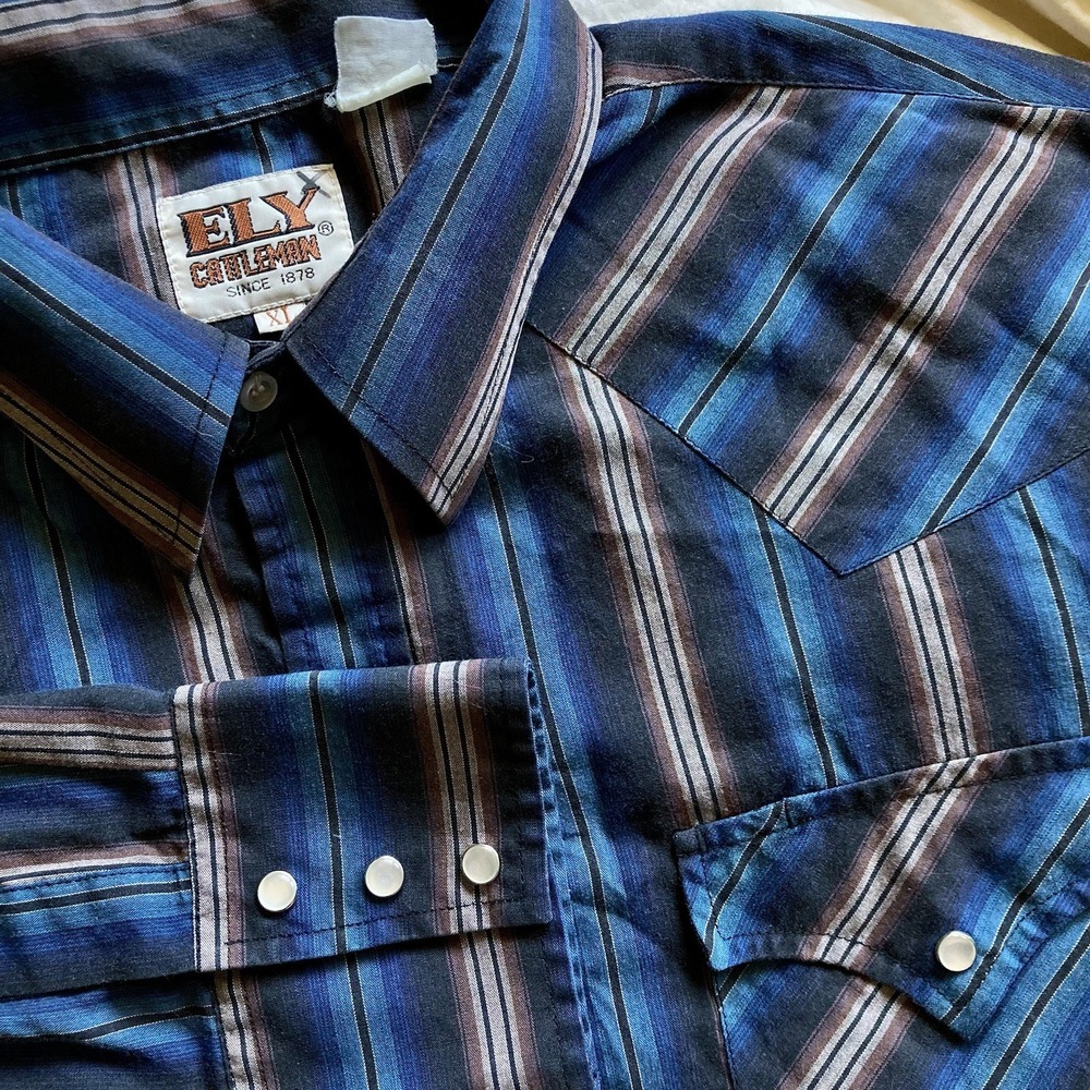 Vintage ELY Cattleman Men's XL Pearl Snap  LS Shirt Stripe Blue Brown Western
